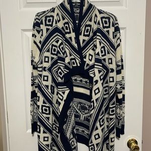 Charlotte Russe; navy and cream; Aztec print cardigan sweater; 100% acrylic